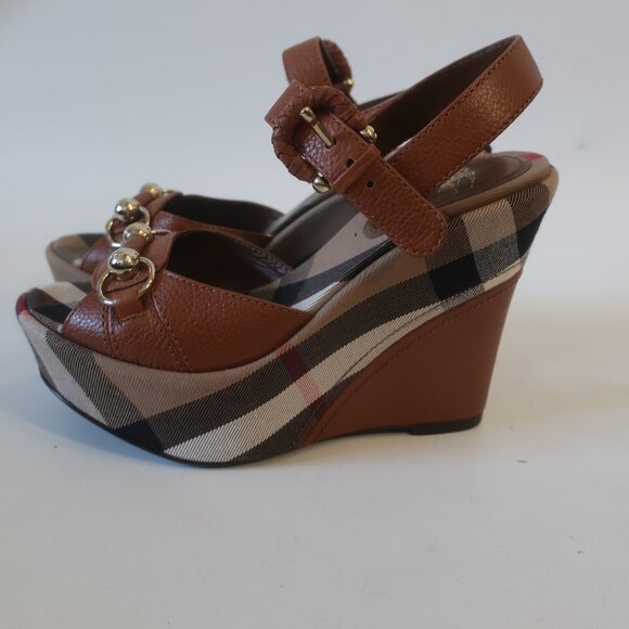 Authentic Burberry Brown Leather Nova Check Plaid Platform Wedge Heel 37 US/7 - Picture 9 of 13